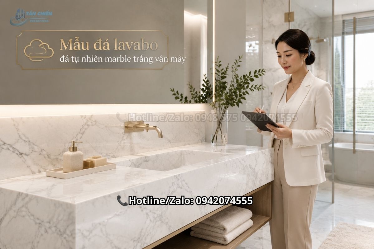 Mẫu đá lavabo đá tự nhiên marble trắng vân mây