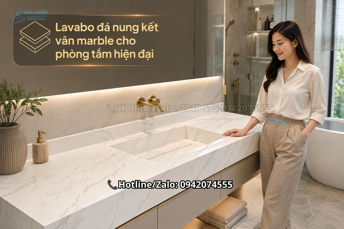 Lavabo đá nung kết vân marble cho phòng tắm hiện đại