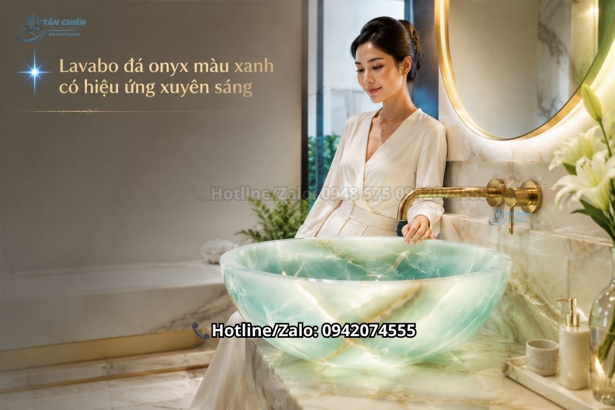 Lavabo đá onyx màu xanh có hiệu ứng xuyên sáng