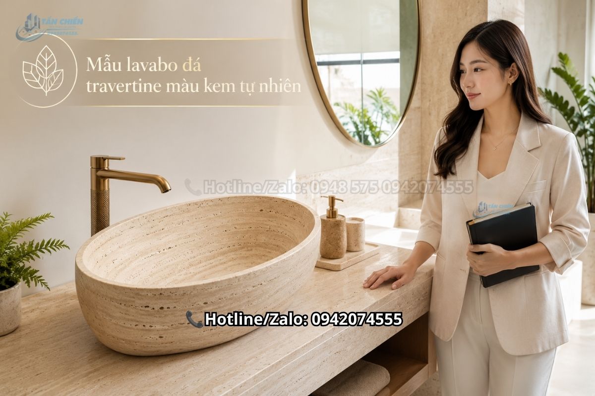 Mẫu lavabo đá travertine màu kem tự nhiên