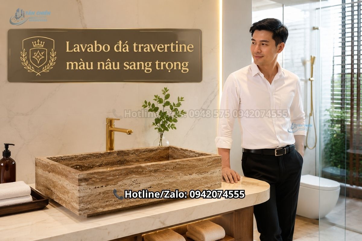Lavabo đá travertine màu nâu sang trọng