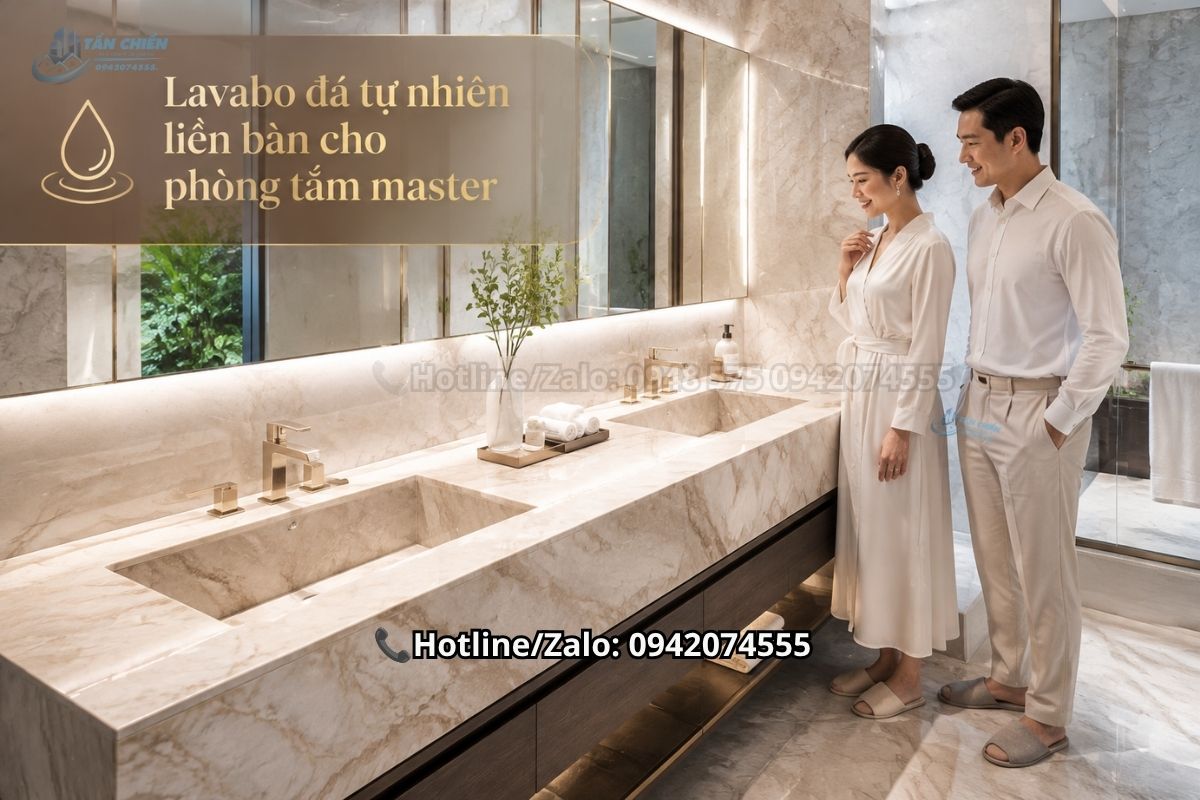 Lavabo đá tự nhiên liền bàn cho phòng tắm master