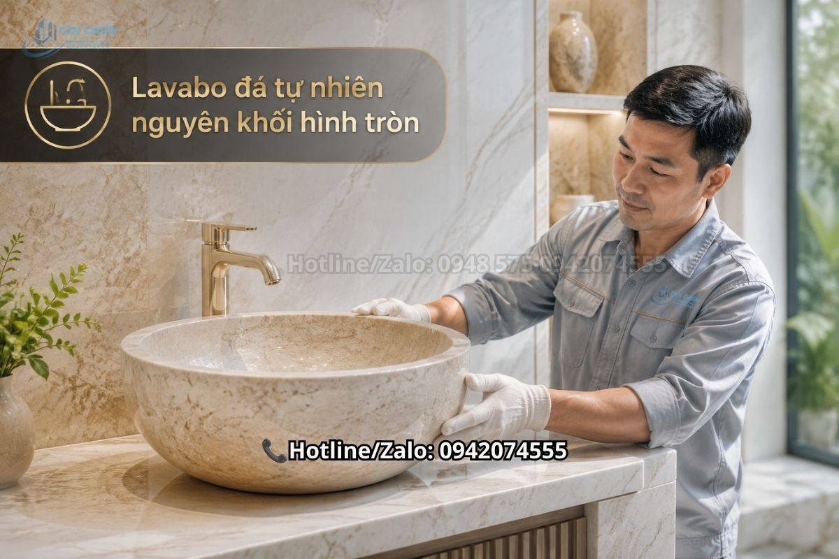 Lavabo đá tự nhiên nguyên khối hình tròn