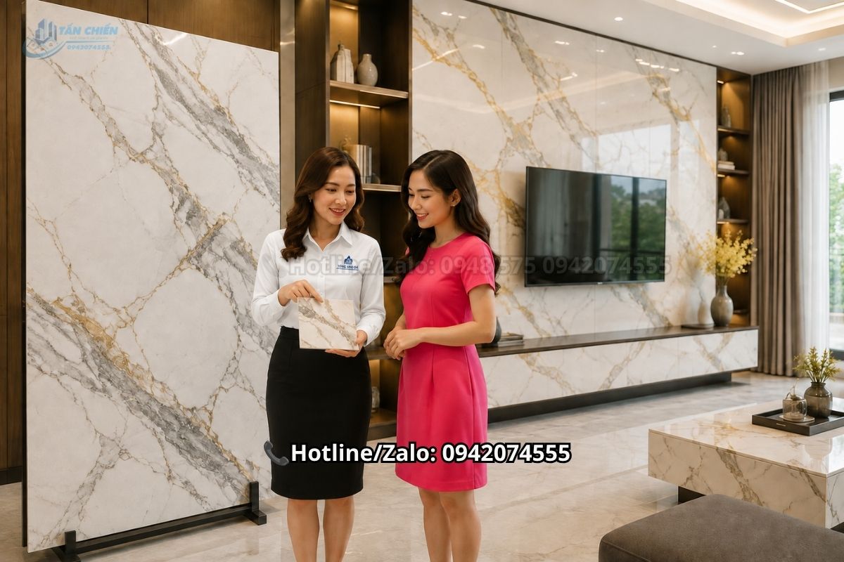 Mẫu đá nung kết vân Calacatta đẹp cao cấp
