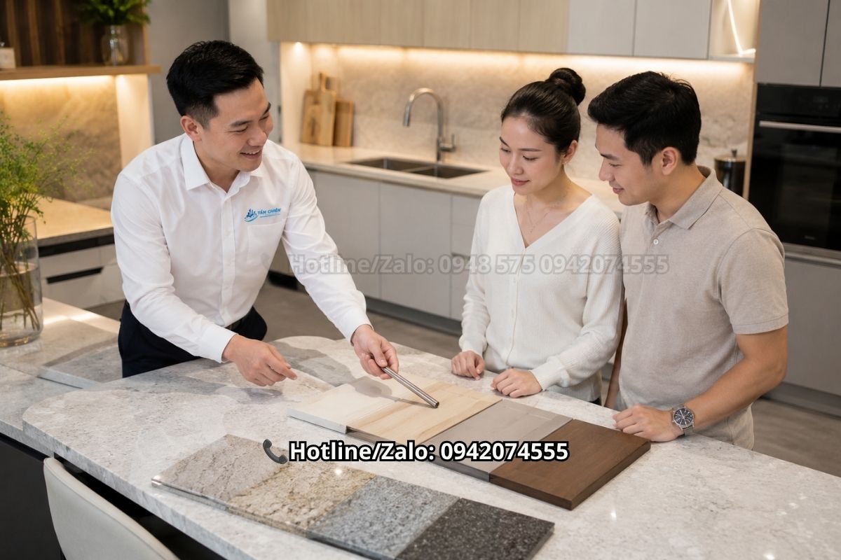 Phối màu đá bàn bếp hợp mệnh Kim với tủ bếp