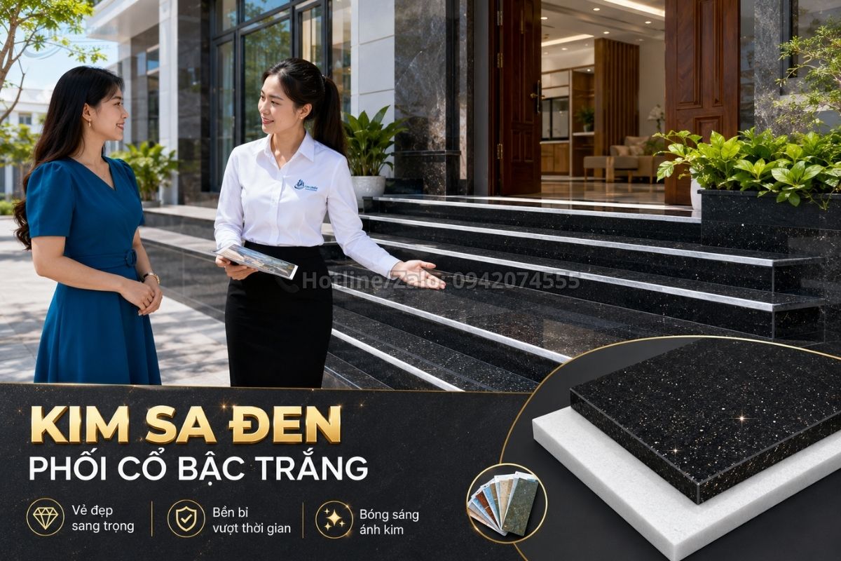 Phối màu đá tam cấp đen Kim Sa với cổ bậc màu trắng