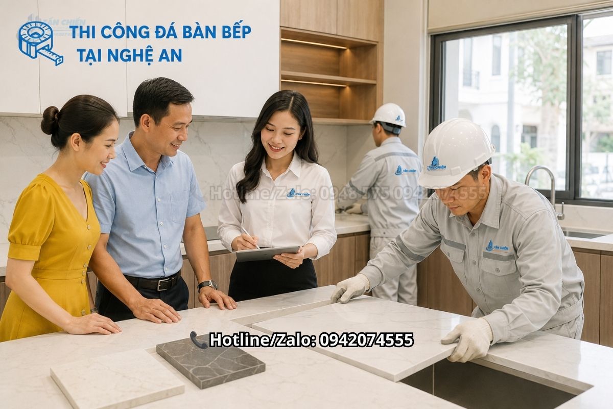Thi công đá bàn bếp tại Nghệ An bằng đá thạch anh và đá nung kết