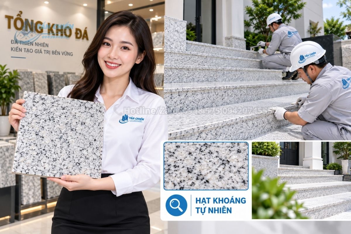 Bề mặt đá tam cấp trắng Suối Lau có hạt khoáng tự nhiên