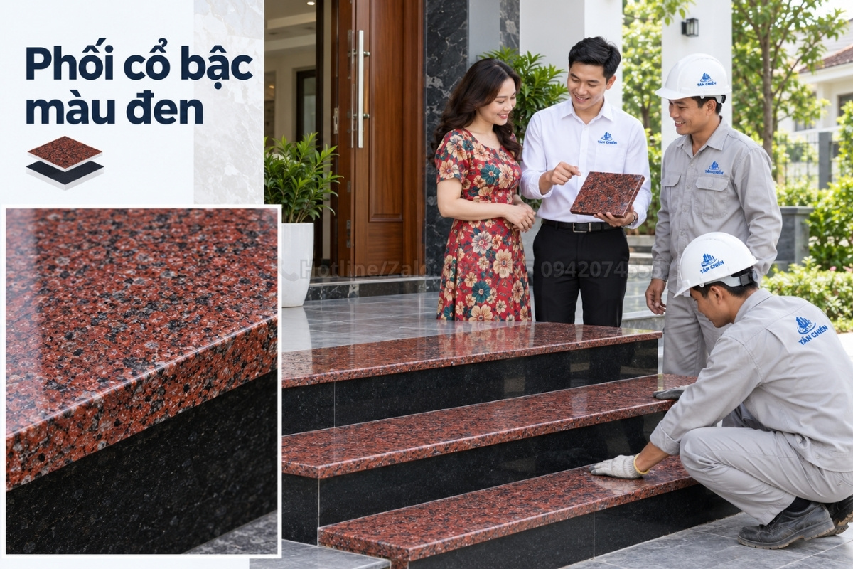 Đá đỏ Ruby ốp bậc tam cấp phối cổ bậc màu đen