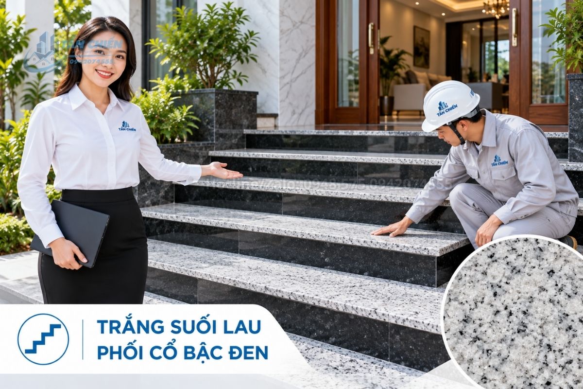 Đá tam cấp trắng Suối Lau phối cổ bậc màu đen sang trọng