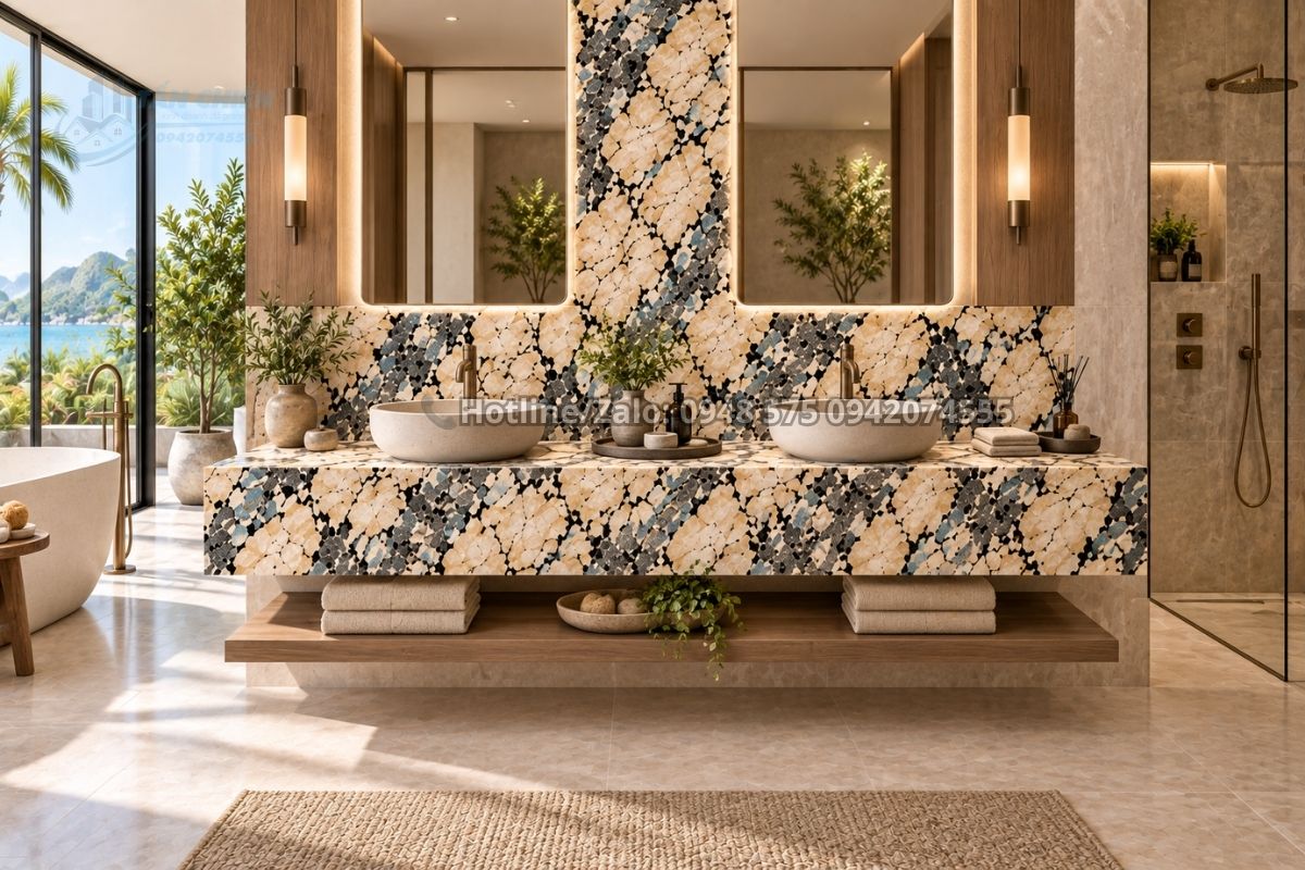 Đá Thạch Anh Brazil V4 làm bàn lavabo phòng tắm