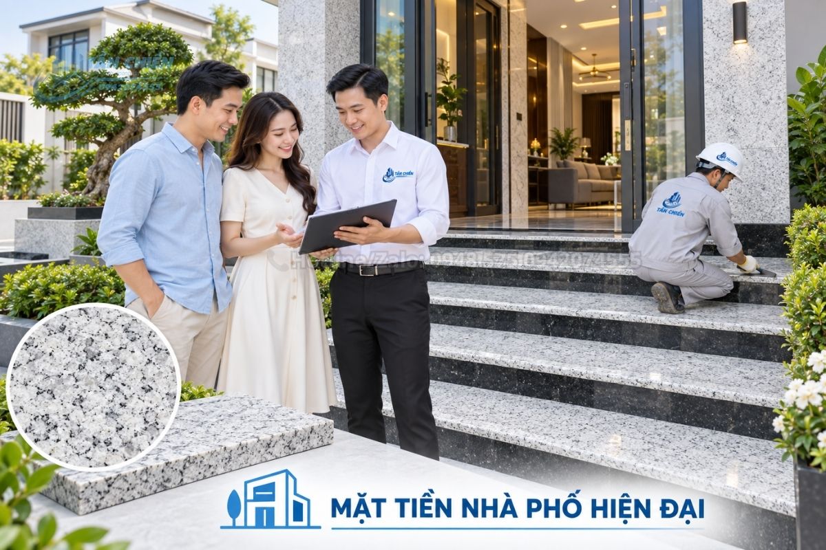 Đá tam cấp trắng Suối Lau cho mặt tiền nhà phố hiện đại