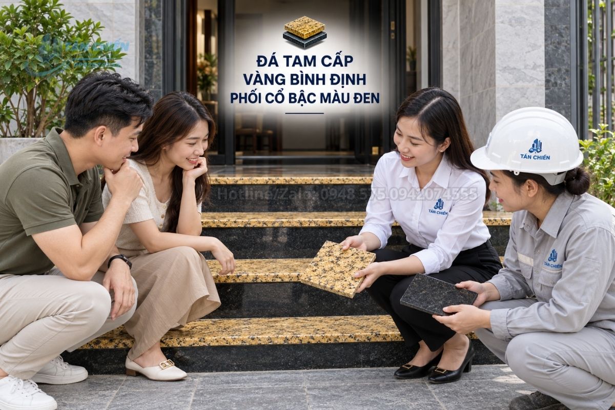 Đá tam cấp vàng Bình Định phối cổ bậc màu đen