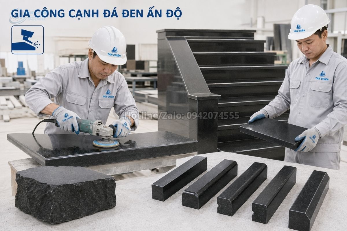 Gia công cạnh đá đen Ấn Độ ốp tam cấp theo yêu cầu