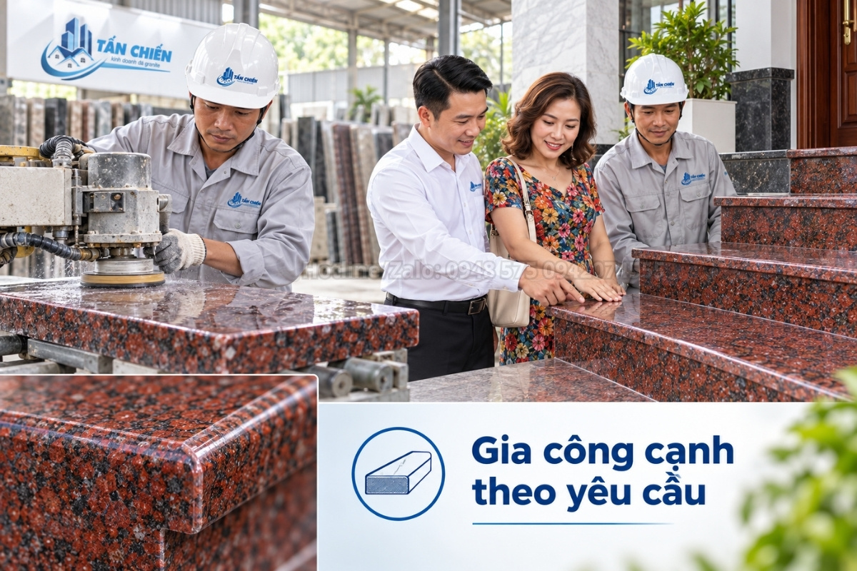 Gia công cạnh đá đỏ Ruby ốp bậc tam cấp theo yêu cầu