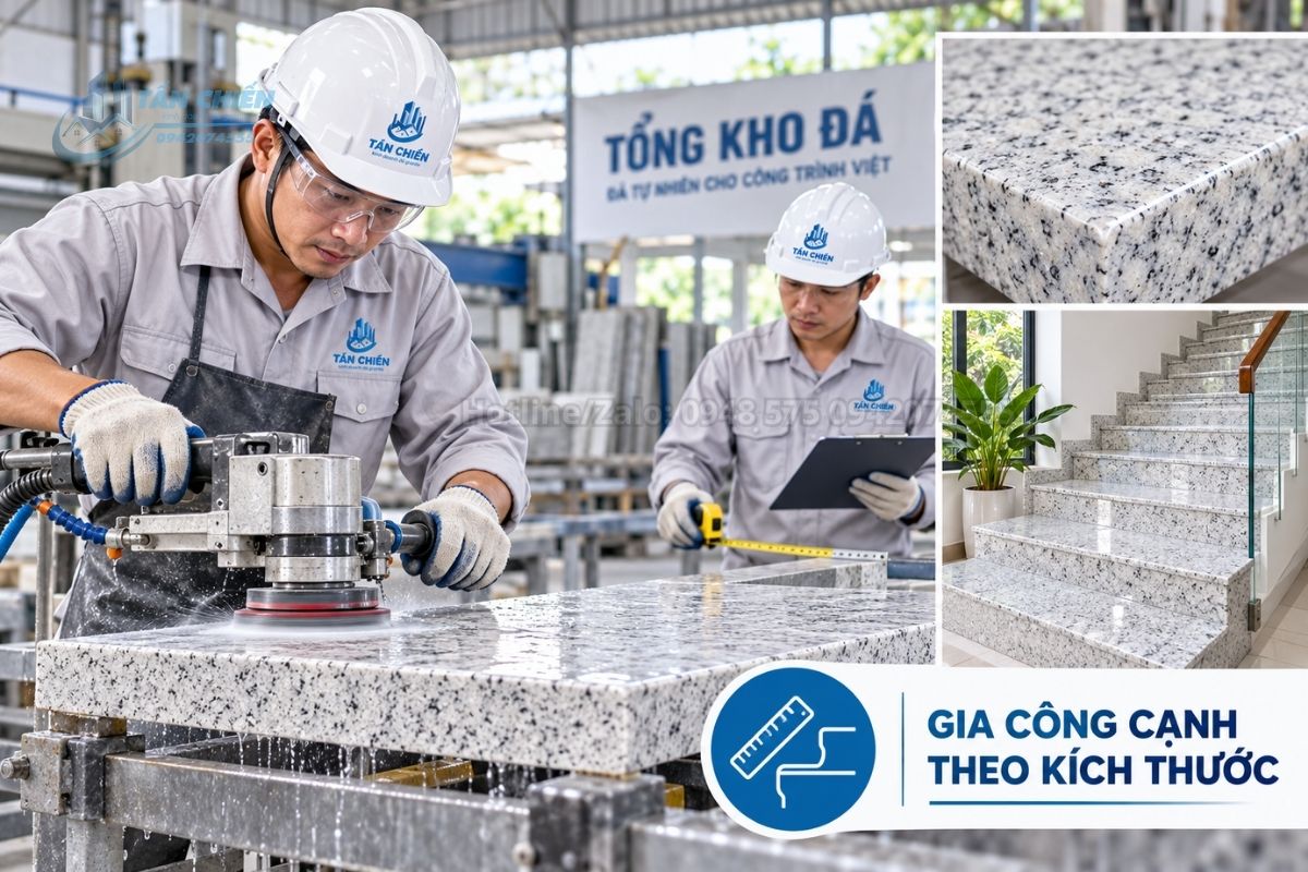 Gia công cạnh đá tam cấp trắng Suối Lau theo kích thước