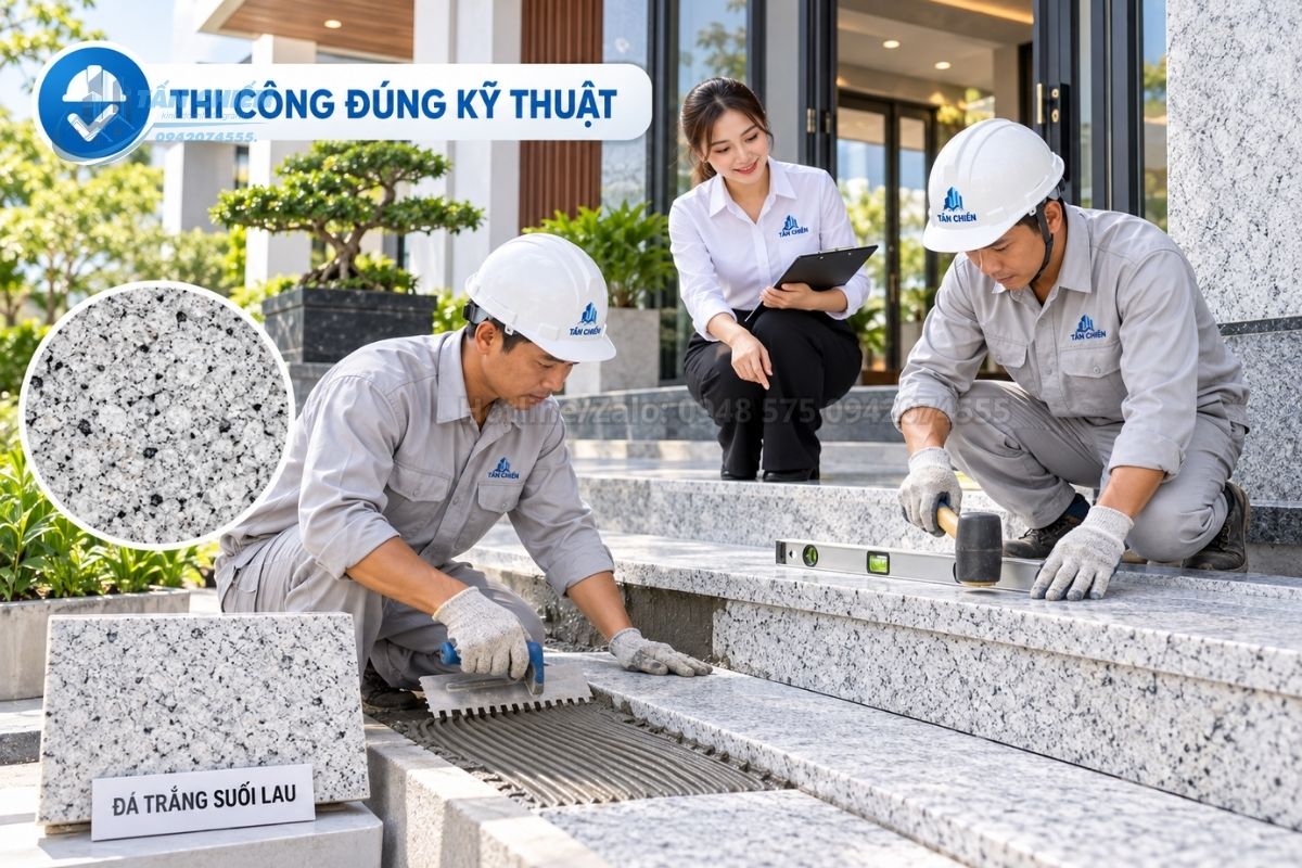Thi công đá tam cấp trắng Suối Lau đúng kỹ thuật