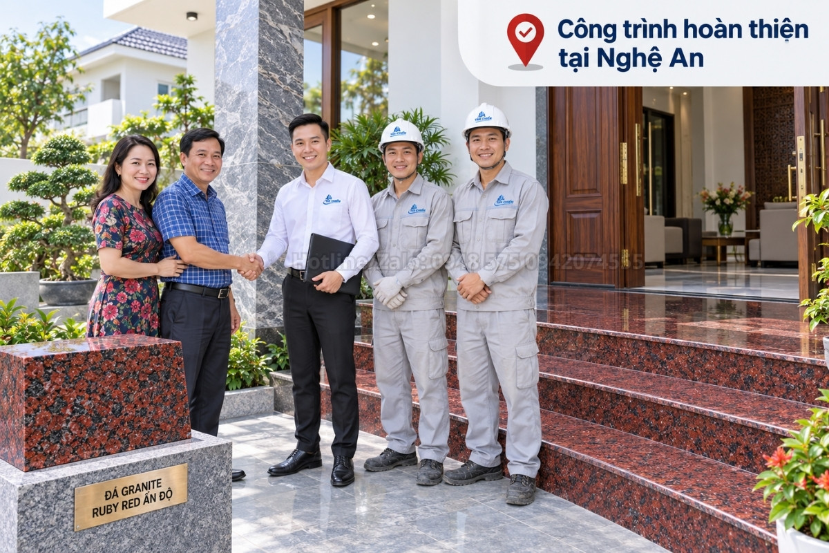 Công trình hoàn thiện đá đỏ Ruby ốp bậc tam cấp tại Nghệ An