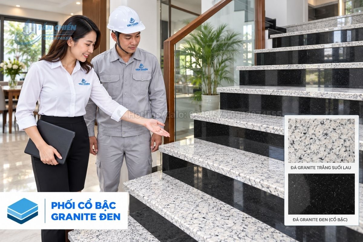 Phối đá tam cấp trắng Suối Lau với cổ bậc granite màu đen