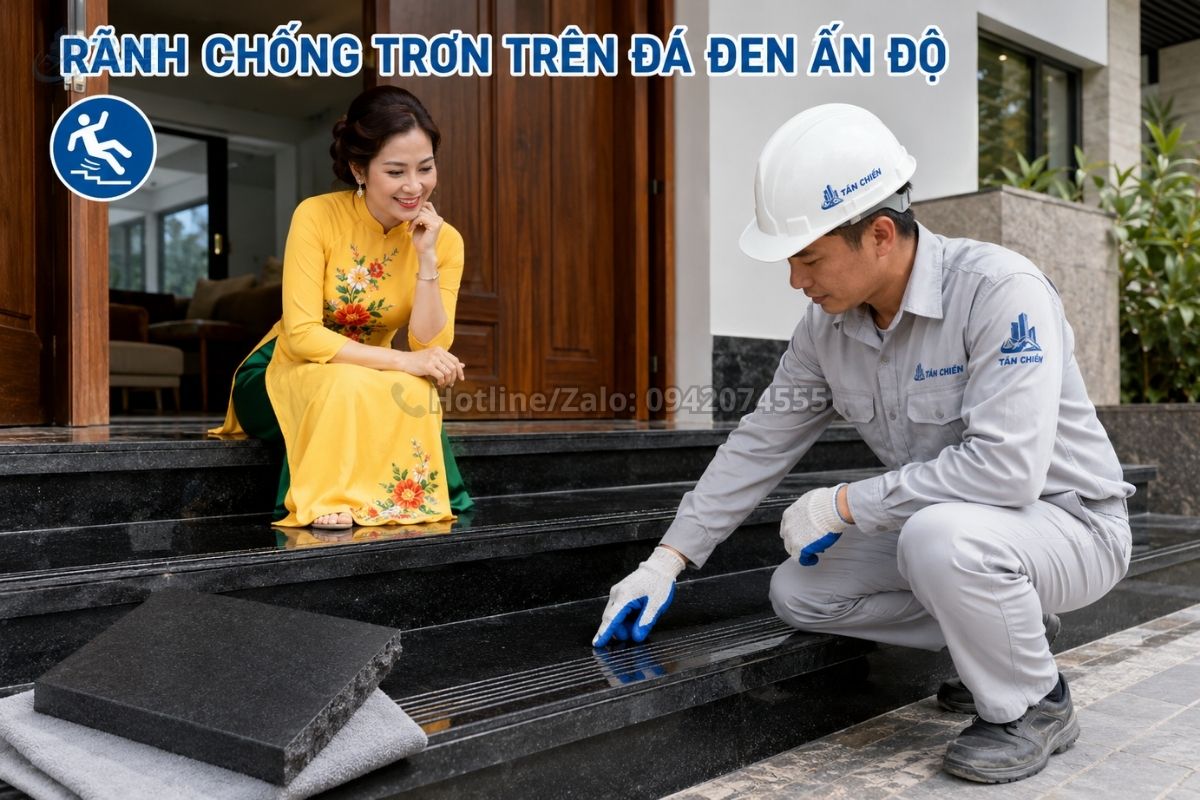 Rãnh chống trơn trên đá đen Ấn Độ ốp tam cấp ngoài trời