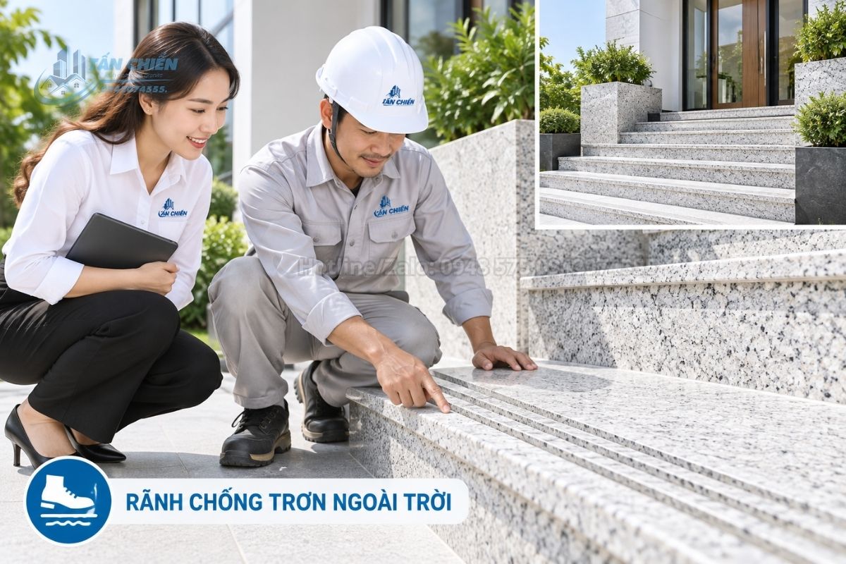 Rãnh chống trơn trên đá tam cấp trắng Suối Lau ngoài trời