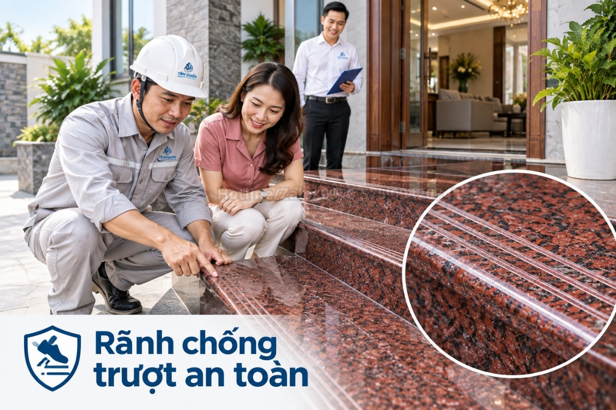 Rãnh chống trượt trên đá đỏ Ruby ốp bậc tam cấp