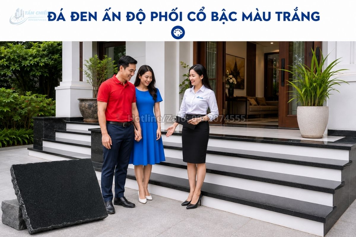 Phối đá đen Ấn Độ ốp tam cấp với cổ bậc màu trắng