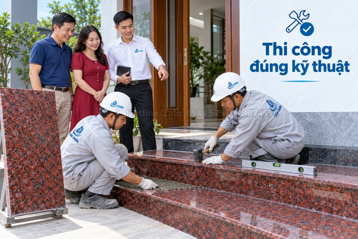 Thi công đá đỏ Ruby ốp bậc tam cấp đúng kỹ thuật